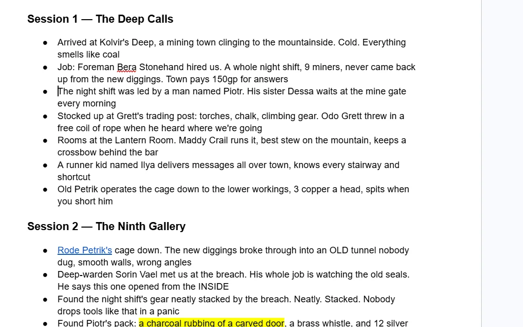 A Google Docs page of DnD session notes, one long list of bullets