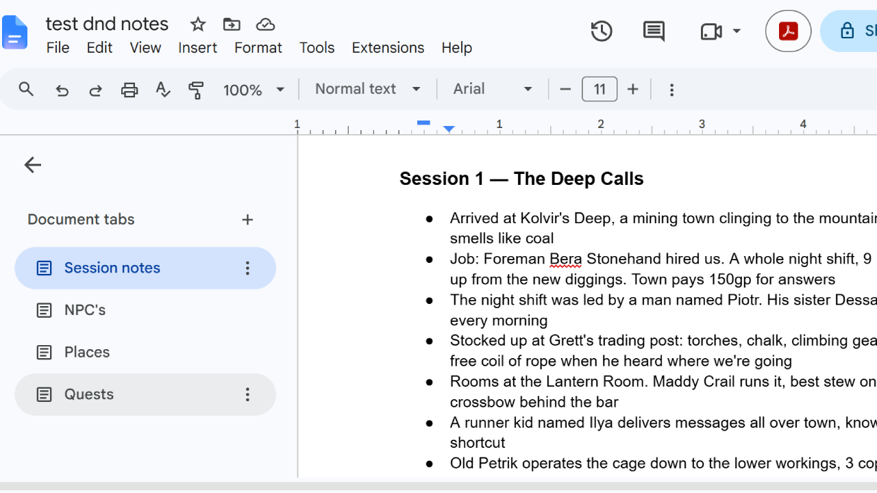 Google Docs with the campaign split into document tabs for session notes, NPCs, places, and quests