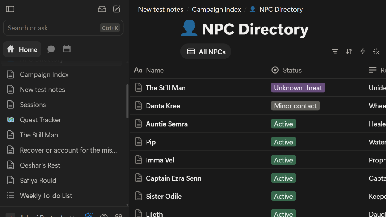 A Notion database of NPCs, each with a status tag