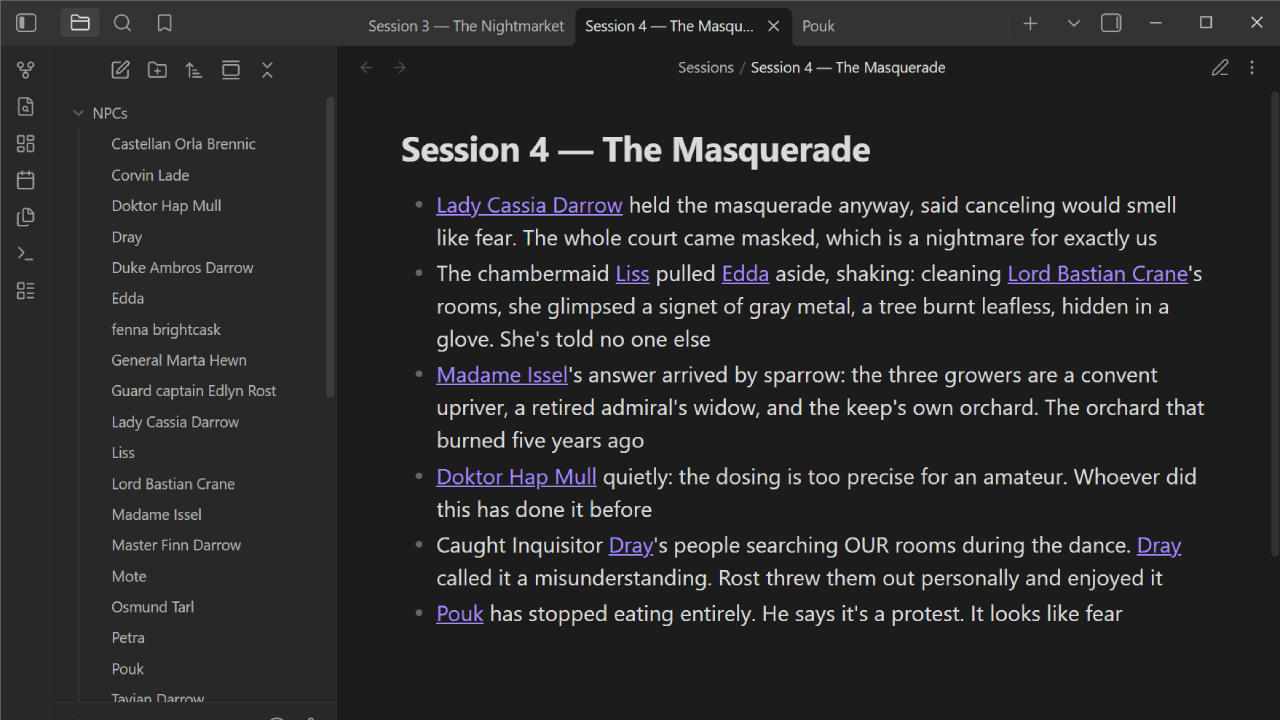 An Obsidian session note where every character name is a link