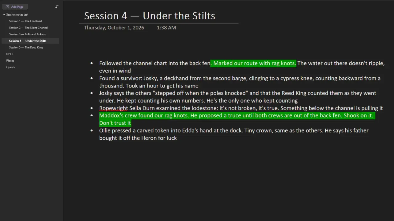 A OneNote session page with two notes marked in green highlighter