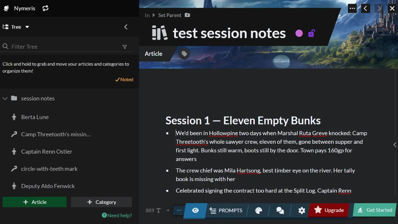 World Anvil showing the session notes article beside a long sidebar of character and place articles