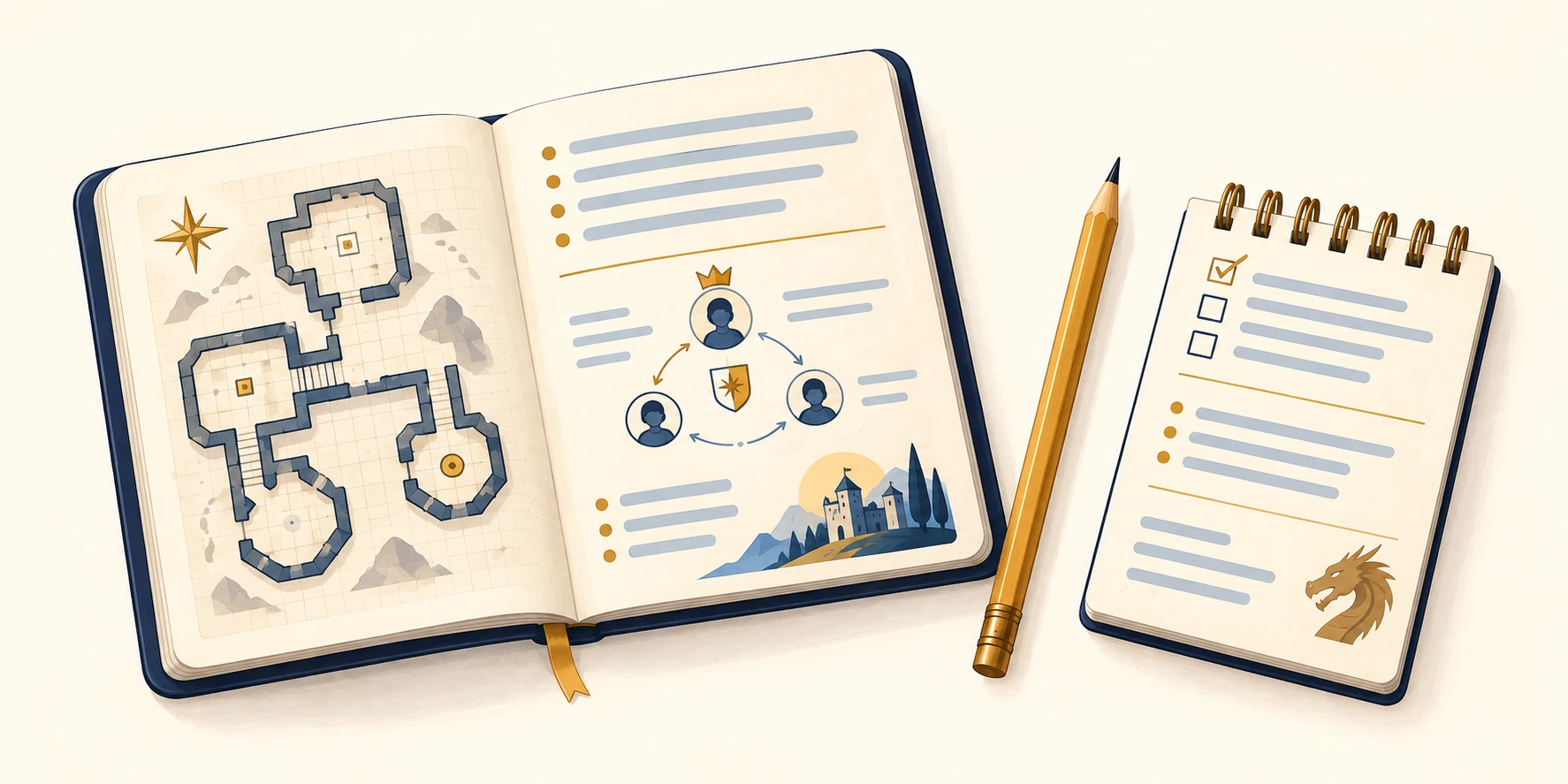An illustrated open notebook with a dungeon map and character notes, next to a pencil and a spiral notepad with a checklist