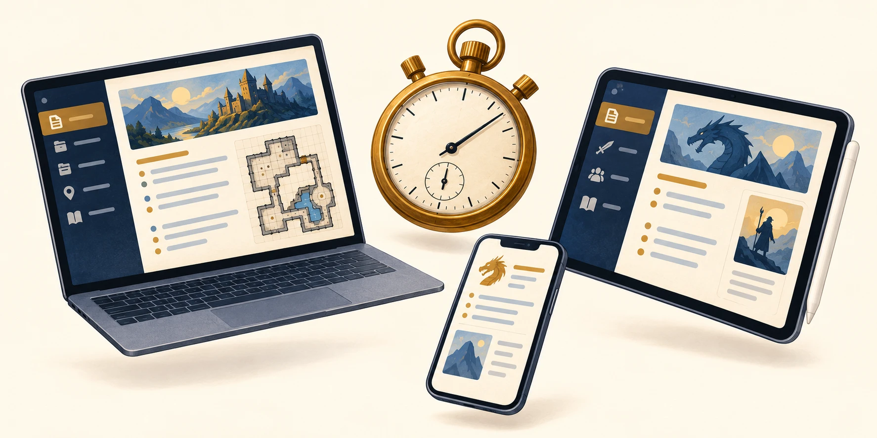 An illustrated laptop, tablet, and phone showing fantasy campaign notes around a brass stopwatch