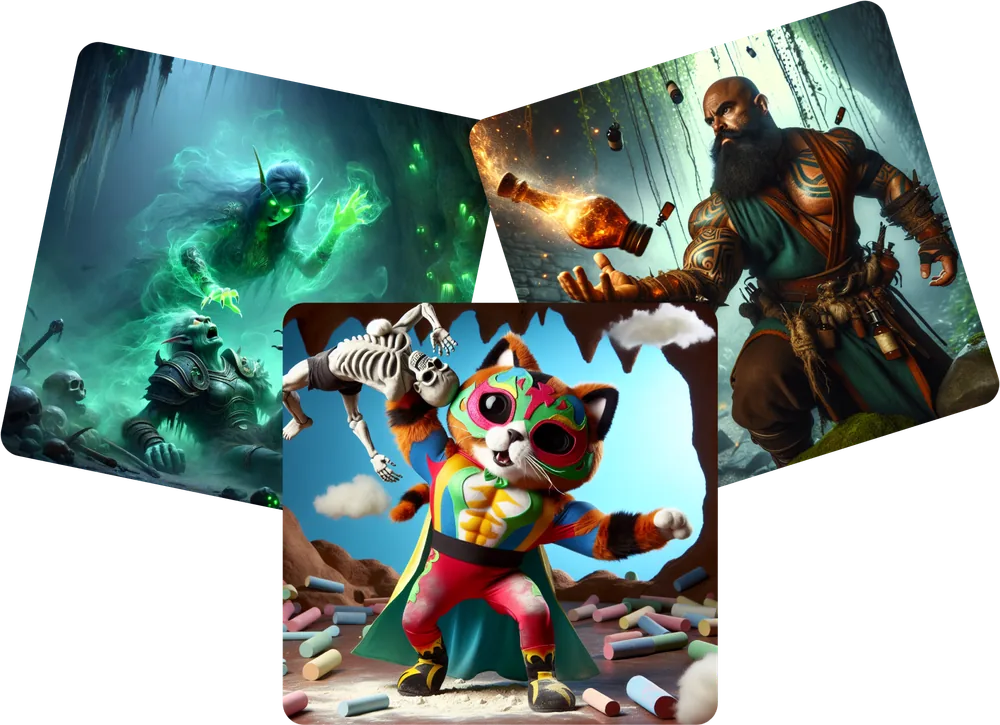 AI-generated images of three player characters from a session
