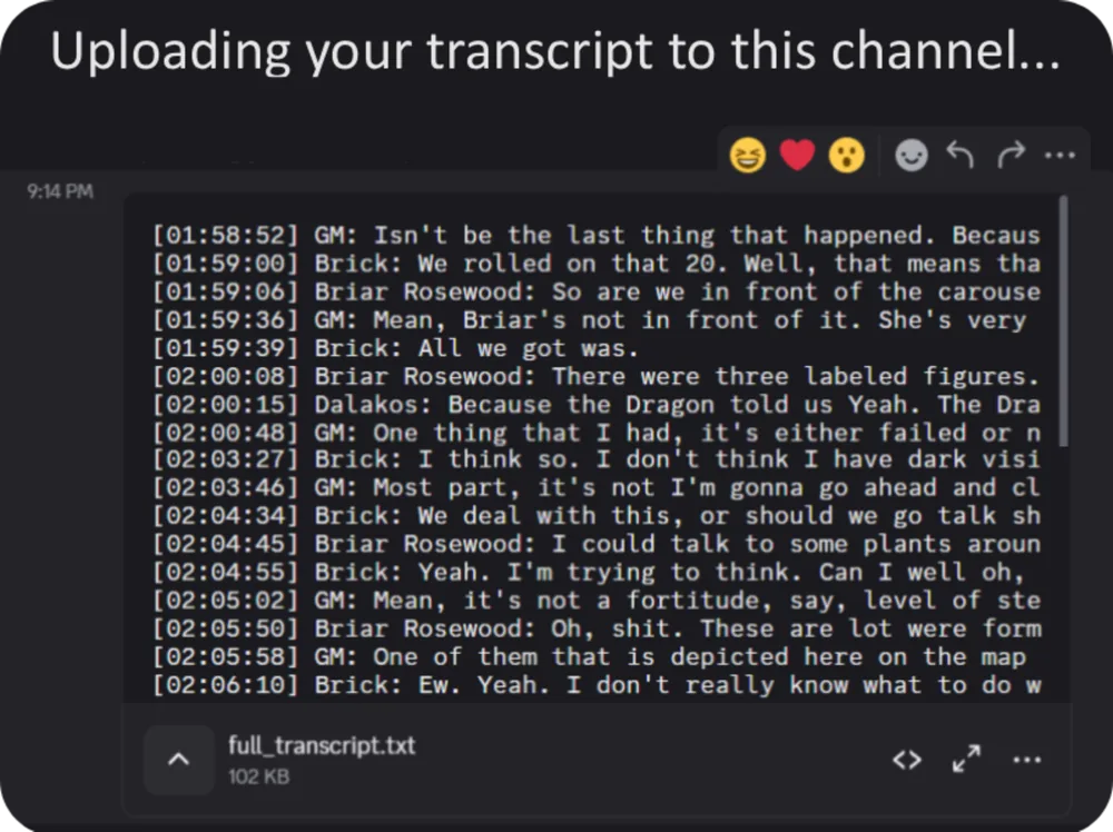 A full session transcript uploaded to a Discord channel